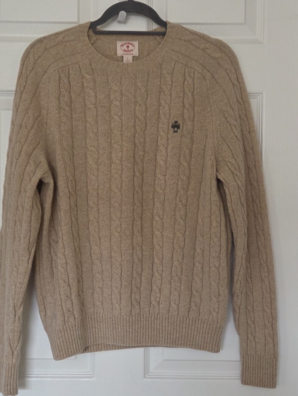 Brooks Brothers Red Fleece Merino Wool Cable Knit Sweater Beige Tan Camel Large